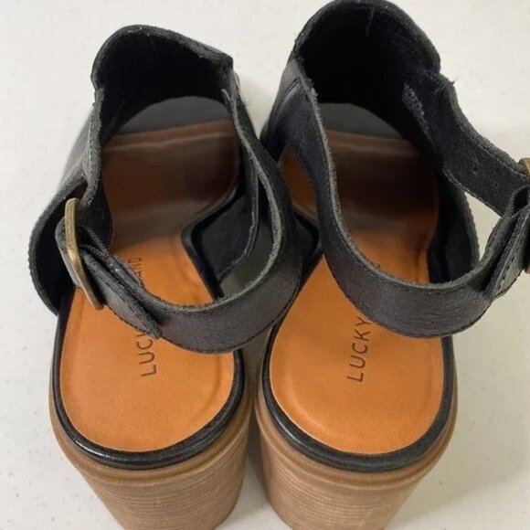 Lucky Brand Deylin Leather Lug Sole Sandal Peep Toe Sling Back Stacked Heel - Picture 4 of 4